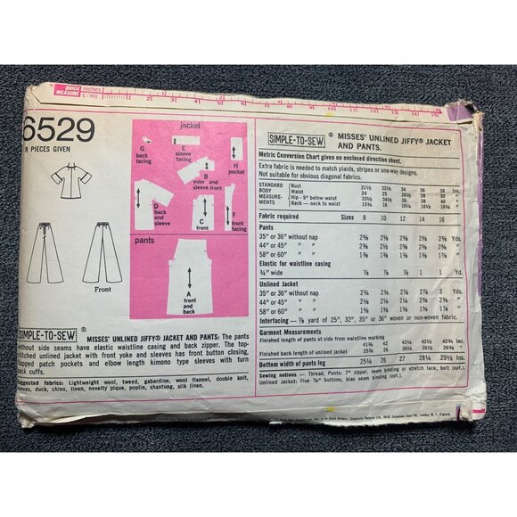 Simplicity Misses Coat and Pants Sewing Pattern sz 14 6529 - uncut - Picture 5 of 11